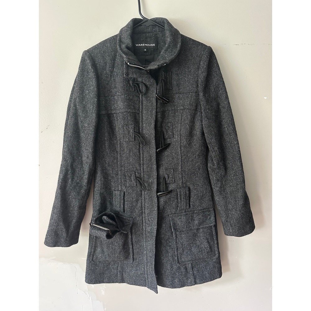 Warehouse Gray Wool Blend Toggle Duffle Coat Jacket Funnel Neck Belted UK 10
